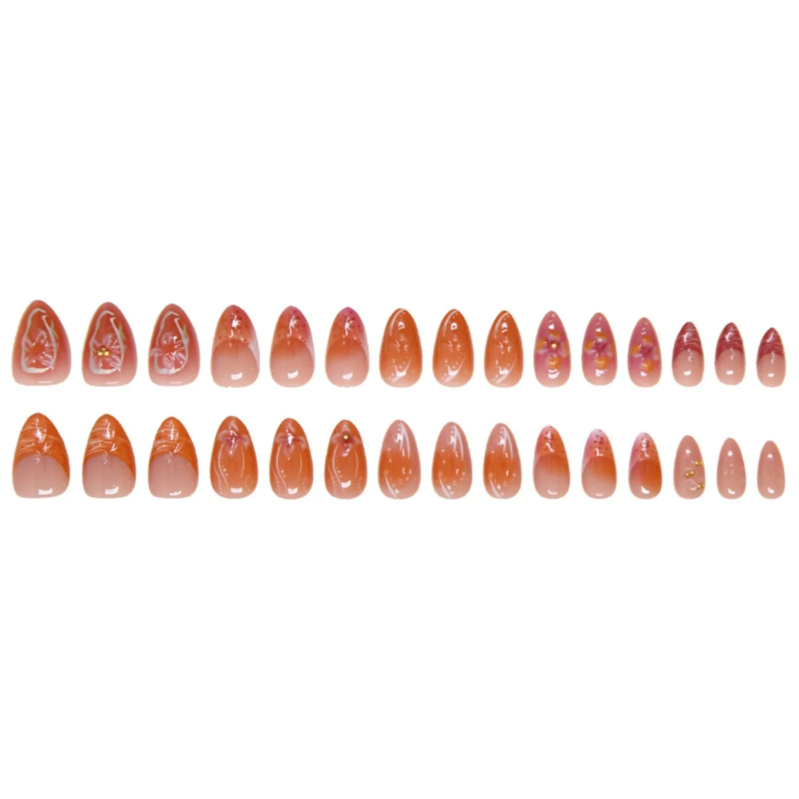 Накладные ногти GlamRays 3D Orange Flowers 30 шт. Medium Almond French Tip Gold Crystal Design, фото №6