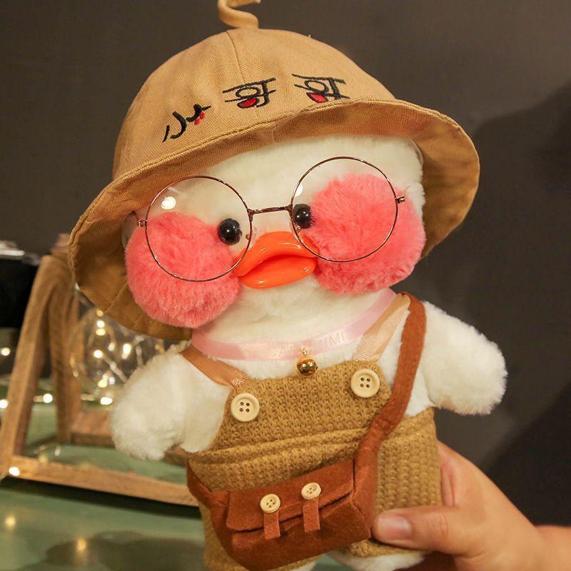 Утка лалафан - Коричневый комбинезон Lalafanfan Уточка Мягкая игрушка Cafe mimi duck, фото №1