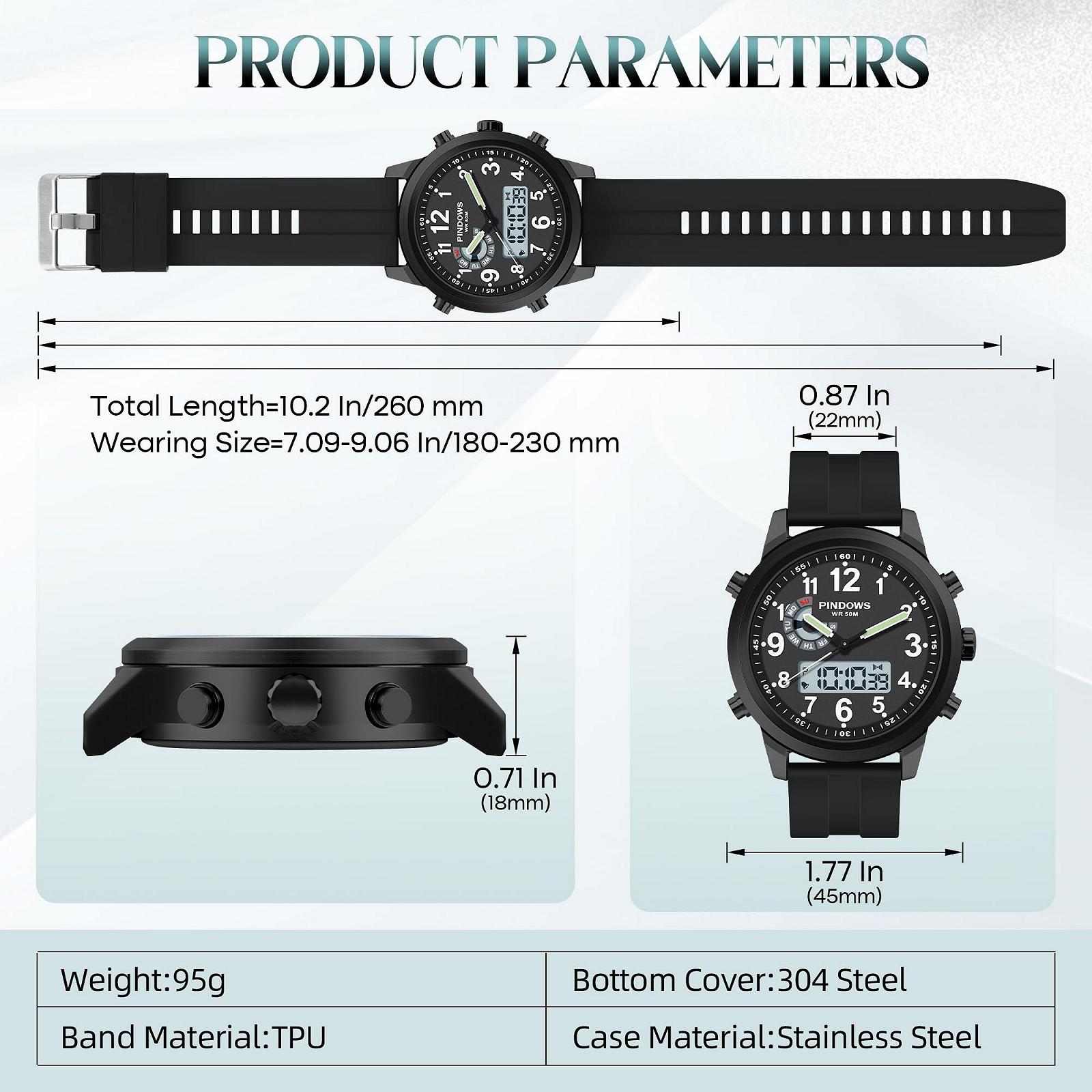 Чоловічий годинник PINIDOUS Military Digital Analogue Quartz Waterproof Sport Outdoor Multifunctional Stainless Steel Classic Stylish Fashion Casual Business Watch, фото №3