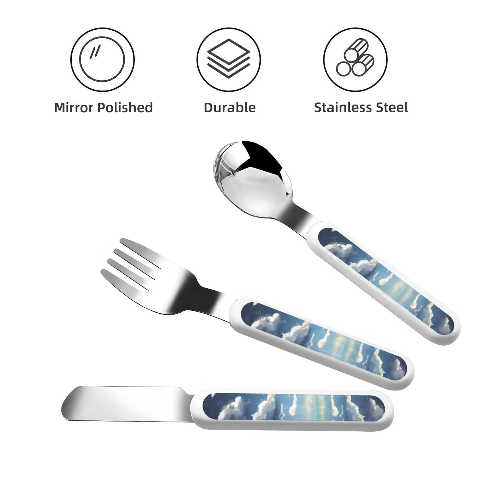 Набір дитячих столових приборів з принтом Блакитне небо і білі хмари, три предмети, фото №2 Набір дитячих столових приборів з принтом Блакитне небо і білі хмари, три предмети, фото №2