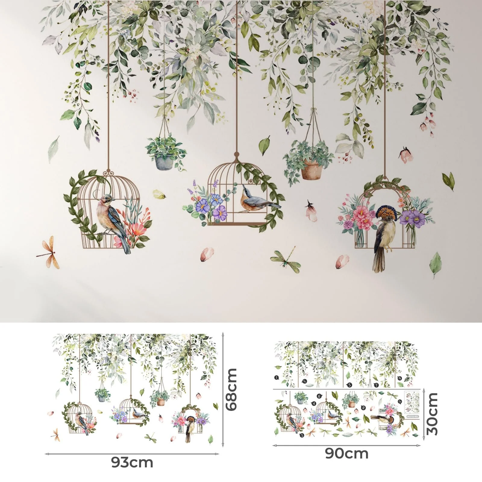 Наклейка на стіну Зелені пагони з птахами та квітами 90x30 см 2 шт., фото №2