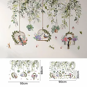 Наклейка на стіну Зелені пагони з птахами та квітами 90x30 см 2 шт. synthetic.ua - Фото 1