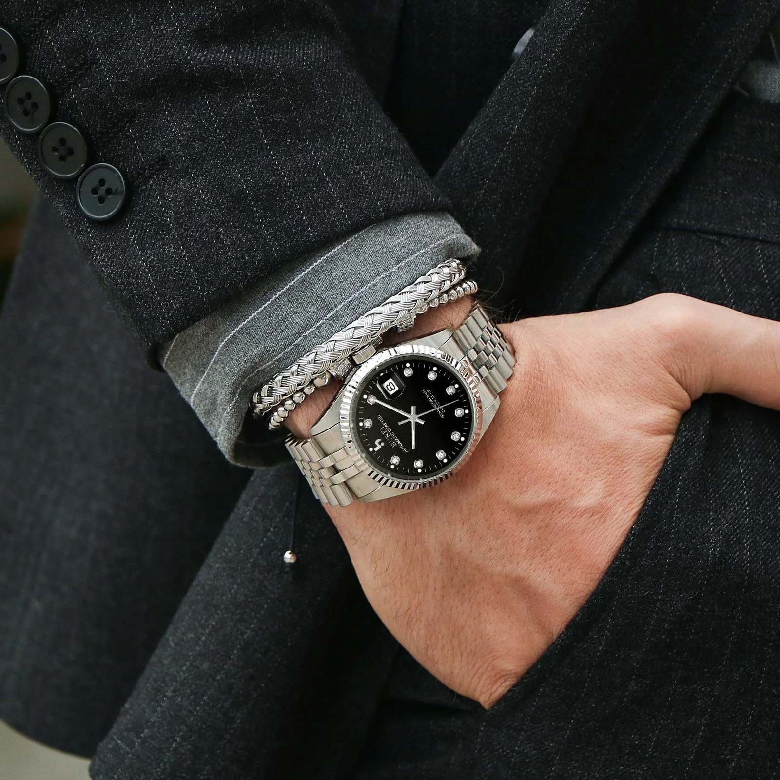 Мужские часы BUREI Автоматические механические наручные часы Сапфировое стекло Нержавеющая сталь с автоматической датой, фото №5 Мужские часы BUREI Автоматические механические наручные часы Сапфировое стекло Нержавеющая сталь с автоматической датой, фото №5