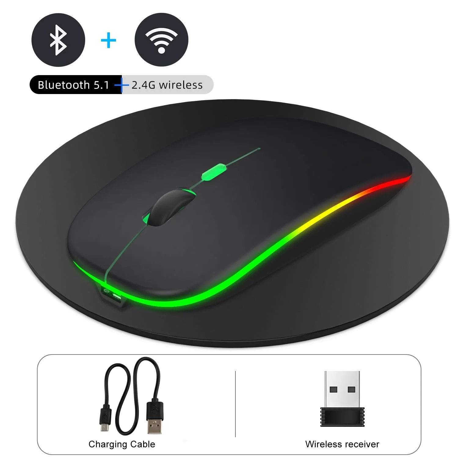 Мышь EasyULT Беспроводная, 2.4GHz USB, Bluetooth 5.1, Перезаряжаемая, 800-1200-1600 DPI, Оптическое отслеживание, Тонкая, С ковриком, Черная, фото №6