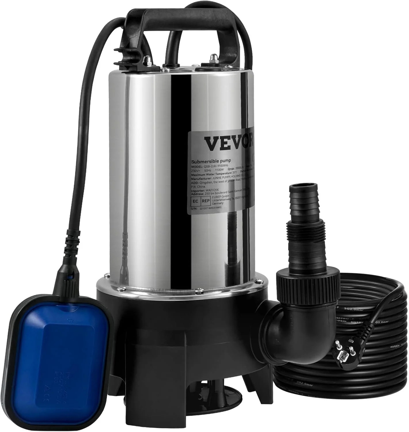 Насос для перекачки чистої та брудної води VEVOR QSB-2JH-1100B96 / 1100 Вт / 20000 л/год / Нержавіюча сталь / Срібний, фото №1