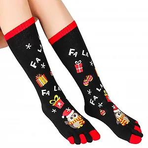 Рождественские носки VALICLUD Носки с пальцами для взрослых и детей, зимние теплые чулки с пятью пальцами, эластичные носки до колена, праздничные носки, зеленый + черный synthetic.ua - Фото 1