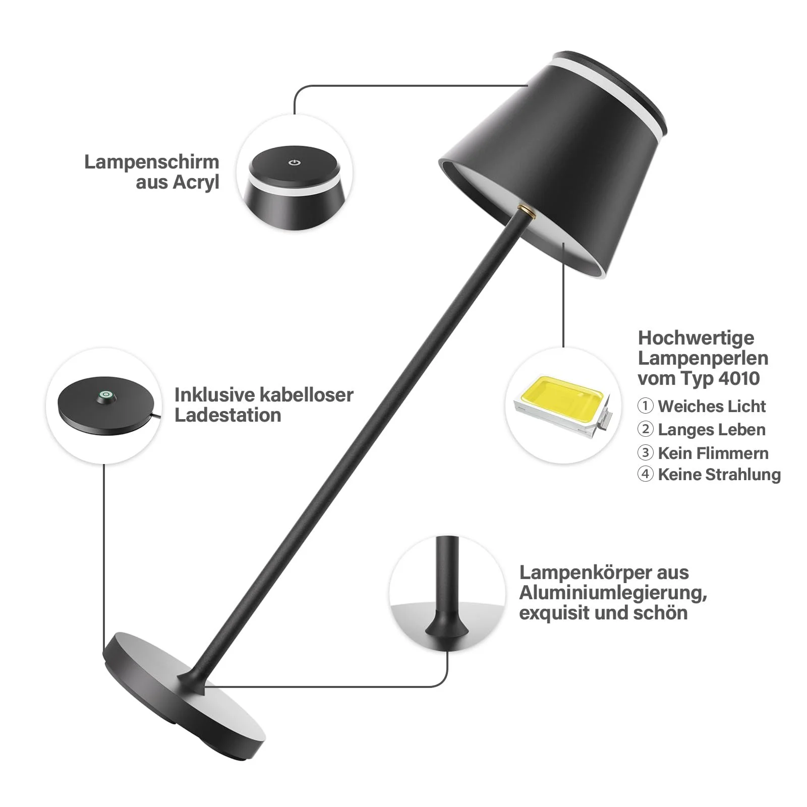 Настільна лампа Neoglint LED Акумуляторна Сенсорна Димер USB Type C IP54 Чорна, фото №4