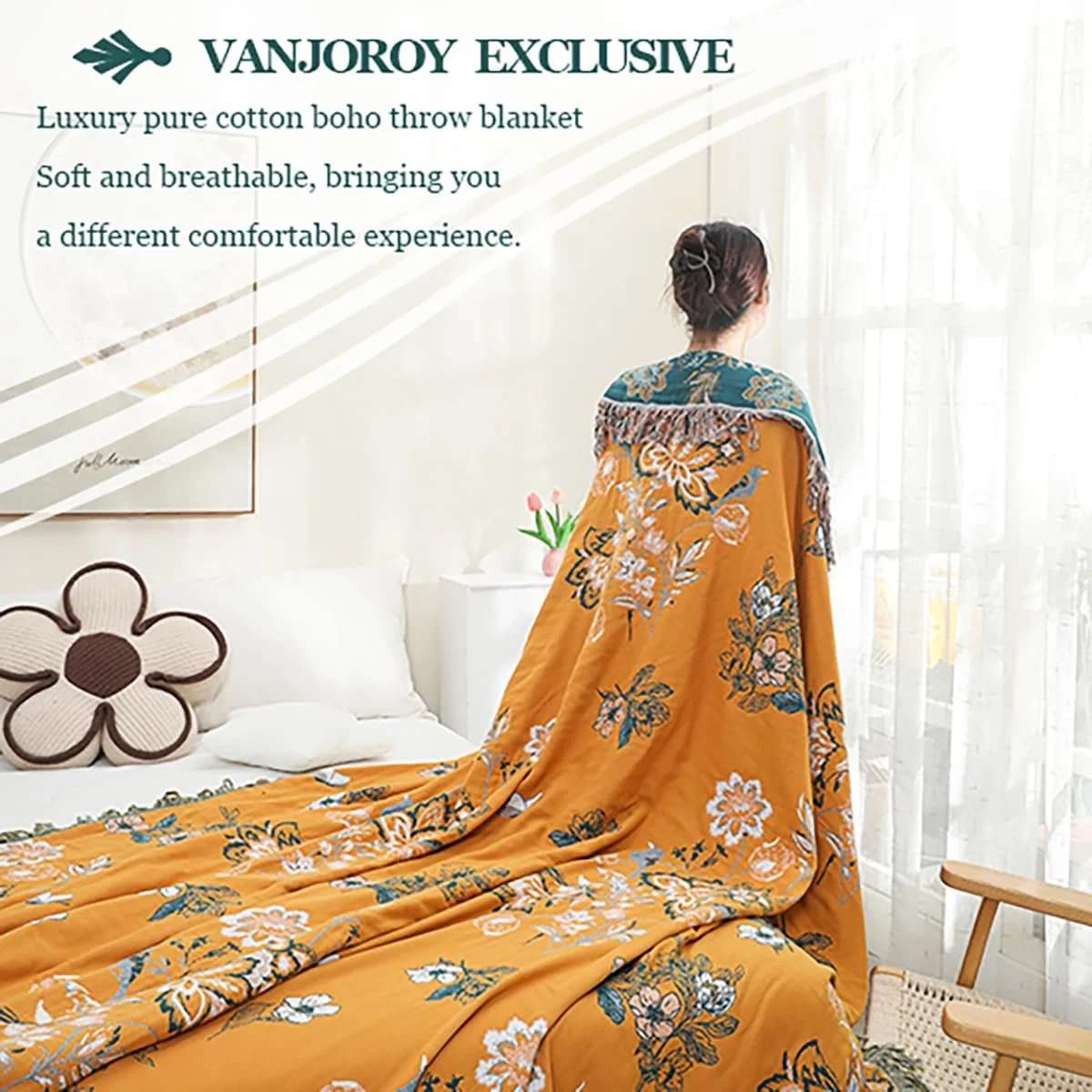 Покривало VANJOROY Богемний стиль Великий 100% органічна бавовна М'який Двосторонній 200x230см Жовтий, фото №6
