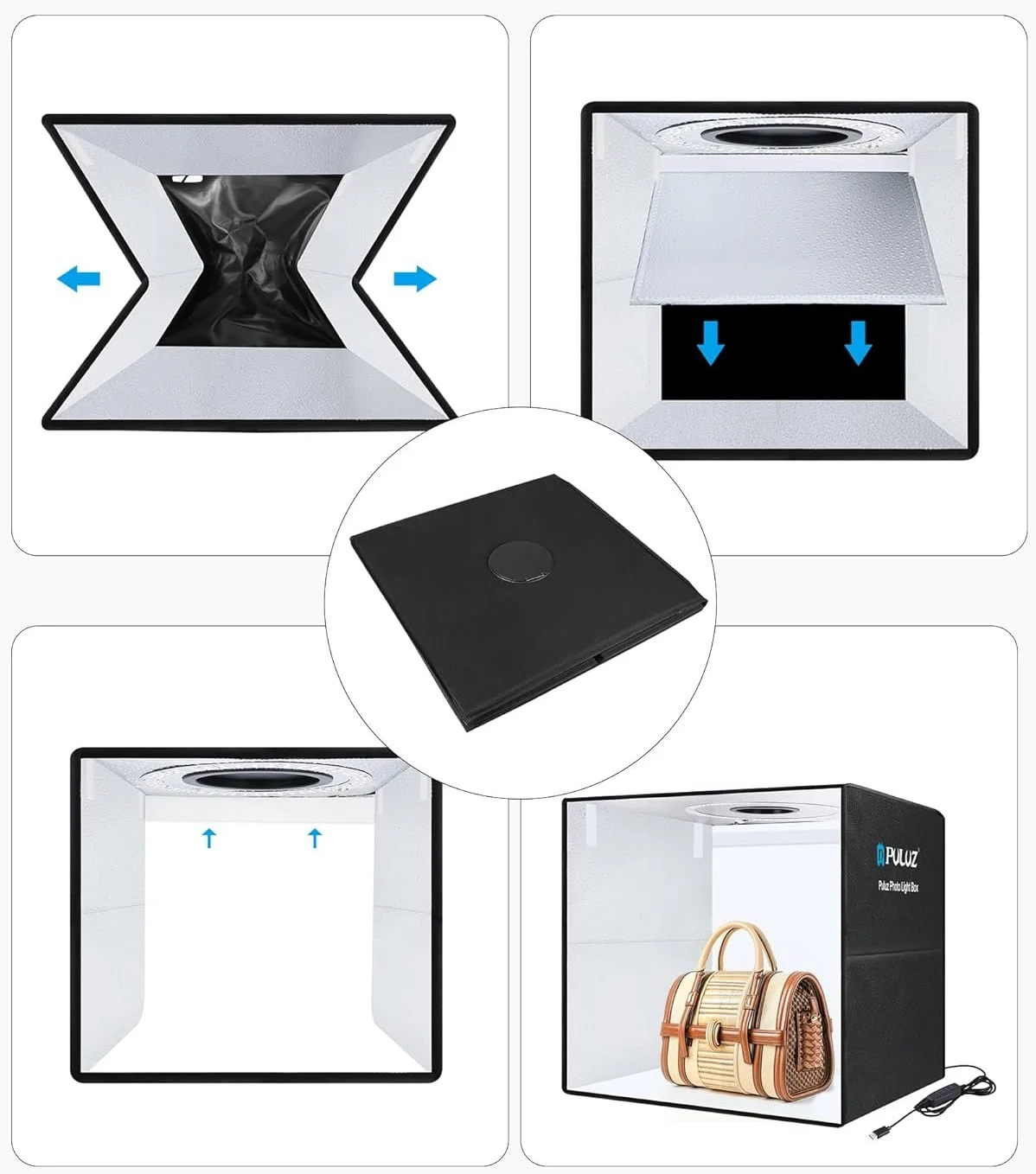 Фотобокс Puluz PU5051 50см / 3200-6500K / CRI 95 / 6 двосторонніх фонів / Складний / Чорний, фото №5 Фотобокс Puluz PU5051 50см / 3200-6500K / CRI 95 / 6 двосторонніх фонів / Складний / Чорний, фото №5