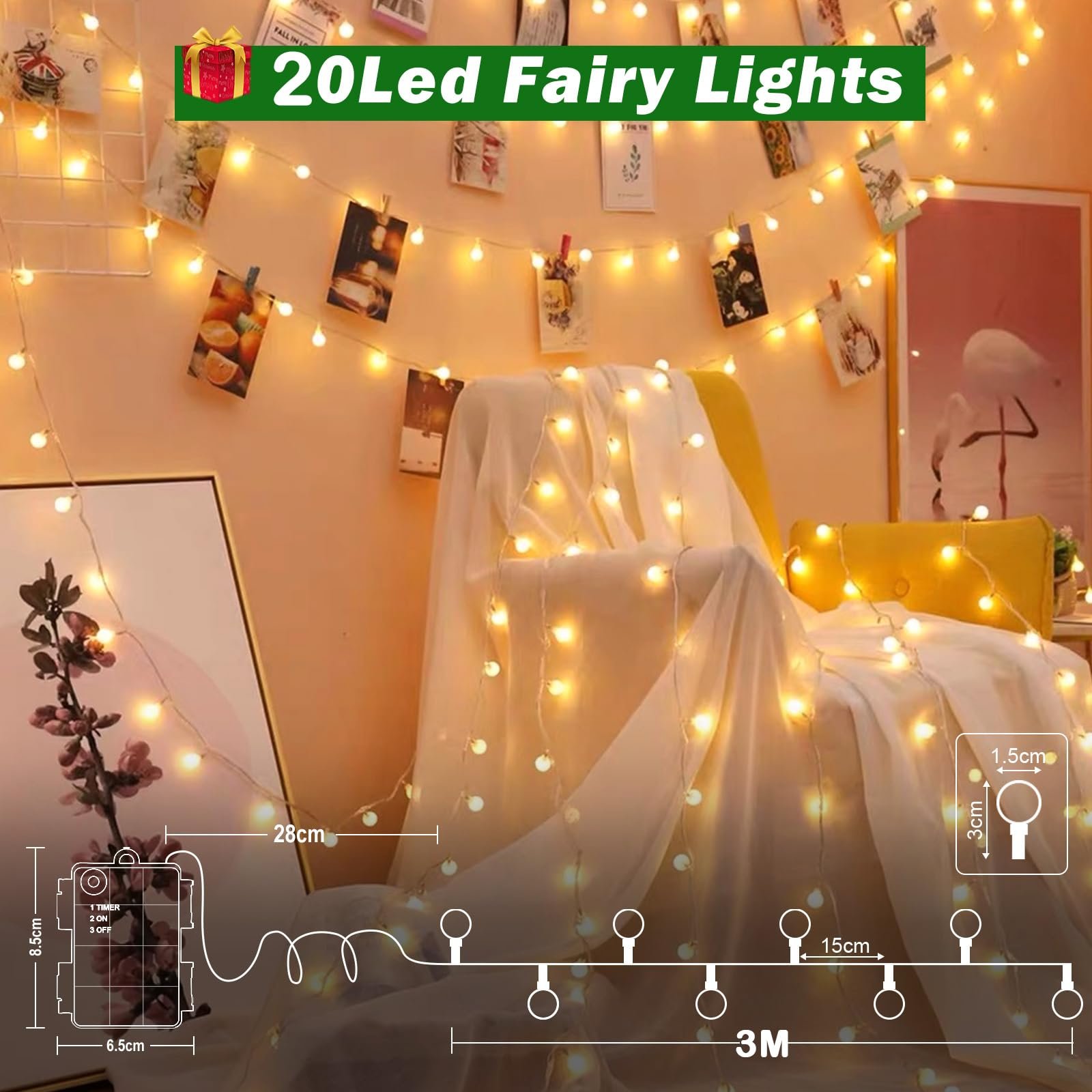 Гирлянда Cshare Шаровая на батарейках, 3 м, 20 LED, IP65, теплый белый, фото №6