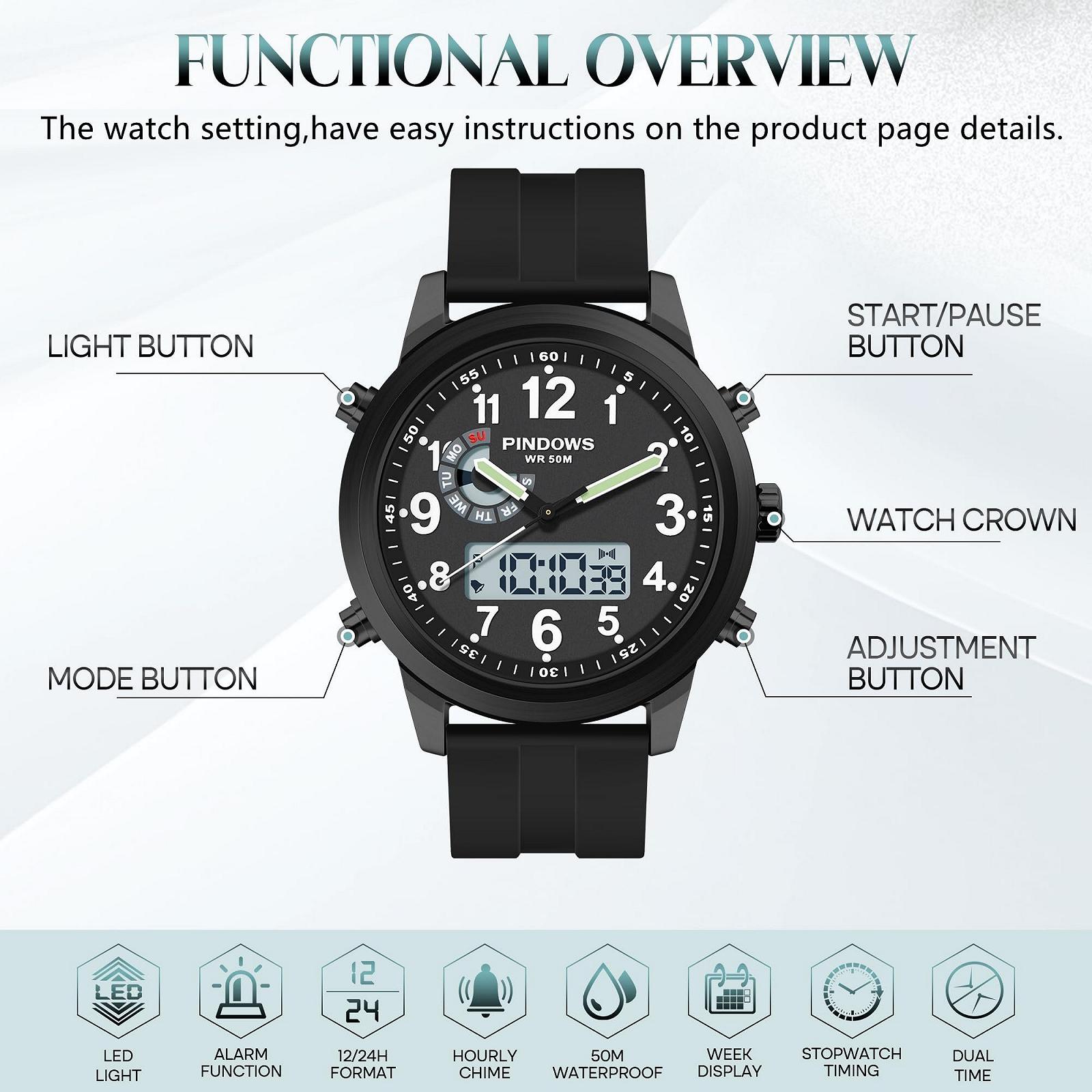 Чоловічий годинник PINIDOUS Military Digital Analogue Quartz Waterproof Sport Outdoor Multifunctional Stainless Steel Classic Stylish Fashion Casual Business Watch, фото №2