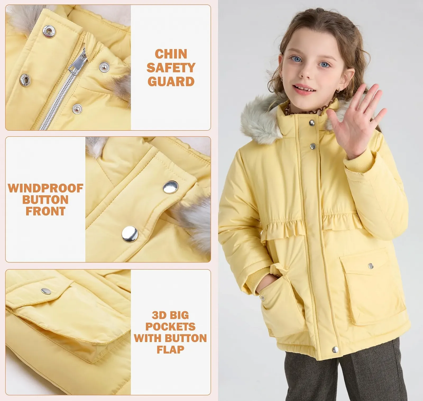 Зимове пальто SOLOCOTE для маленьких дівчаток, Легке з хутряним капюшоном, фото №5