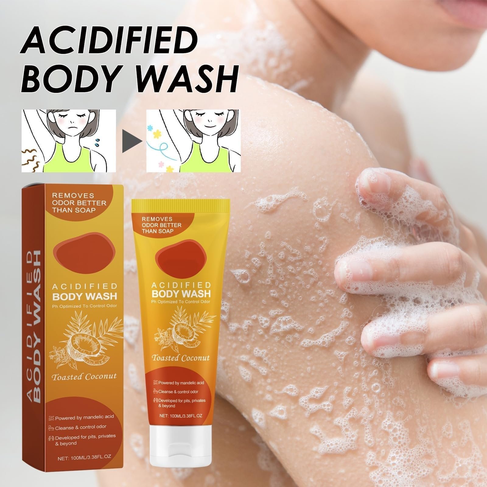 Гель для душу для контролю запаху з мигдальною кислотою та кокосовою олією без SLS, фото №7