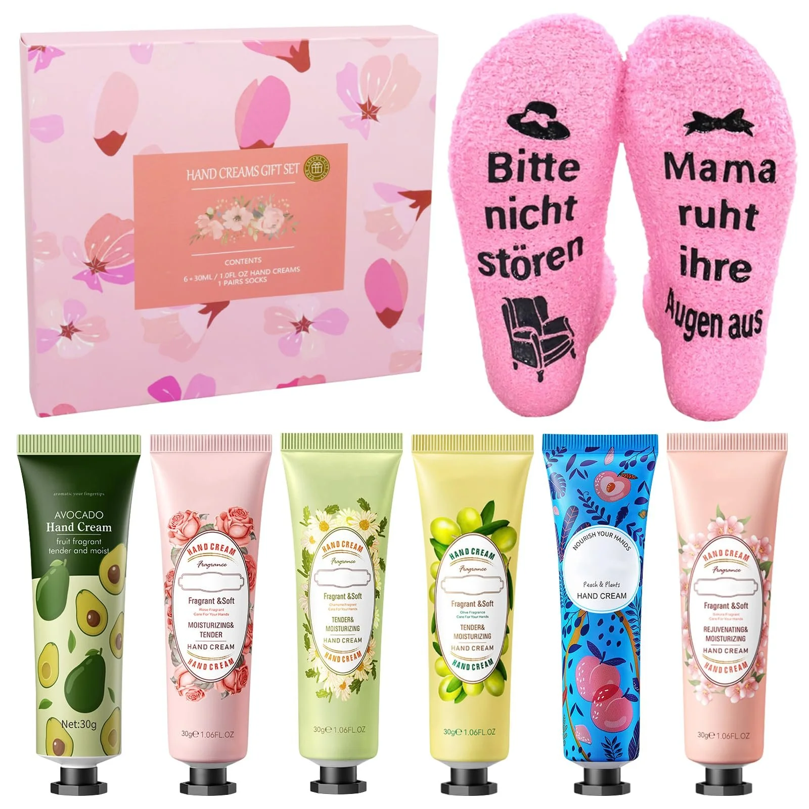 Подарочный набор для женщин, 6 мини-кремов для рук, 1 пара носков с надписью "Bitte nicht stören mama ruht ihre Augen aus Kleine Weihnachtsgeschenke Geburtstagsgeschenk mama Weihnachten", фото №1
