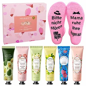 Подарочный набор для женщин, 6 мини-кремов для рук, 1 пара носков с надписью "Bitte nicht stören mama ruht ihre Augen aus Kleine Weihnachtsgeschenke Geburtstagsgeschenk mama Weihnachten" - Фото 1