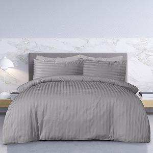 Комплект Постільної Білизни Pieridae Soft Polycotton Готельна Якість 250 Thread Count Сатинова Смужка Підковдра з Наволочками Білий та Сірий Колір - Фото 1