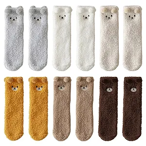 Носки Пушистые Женские Зимние 6 пар Мультяшная Вышивка Белый, бежевый, светлый - Фото 1