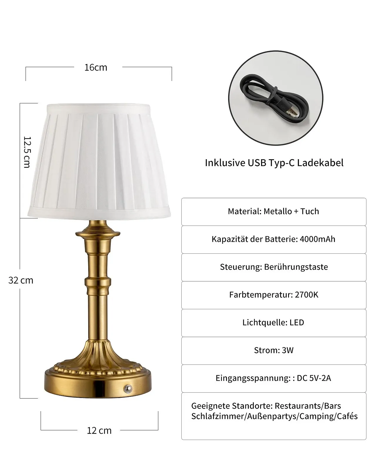 Настільна лампа LED бездротова сенсорна димована Bronze, фото №5