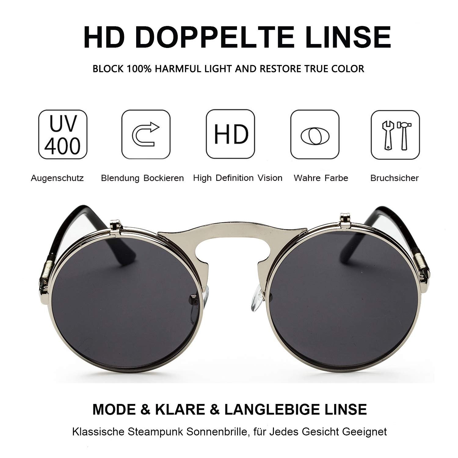 Сонцезахисні окуляри Круглі Steampunk Dollger Відкидні лінзи Ретро Металева оправа для чоловіків і жінок, фото №3 Сонцезахисні окуляри Круглі Steampunk Dollger Відкидні лінзи Ретро Металева оправа для чоловіків і жінок, фото №3