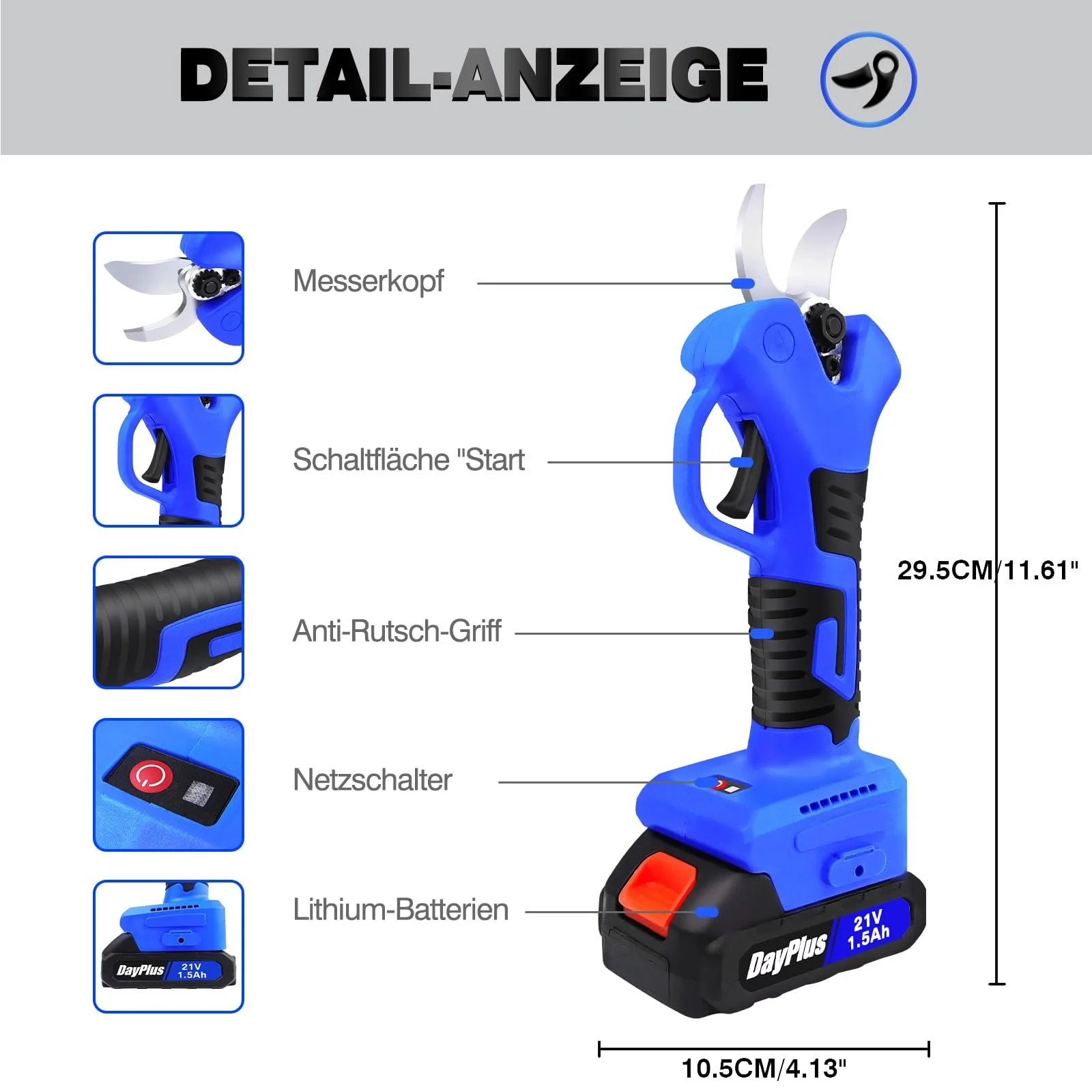 Електричні секатори 21 V, максимальний діаметр гілок 25 мм, з 1 акумулятором 1,5 Ah, фото №2 Електричні секатори 21 V, максимальний діаметр гілок 25 мм, з 1 акумулятором 1,5 Ah, фото №2