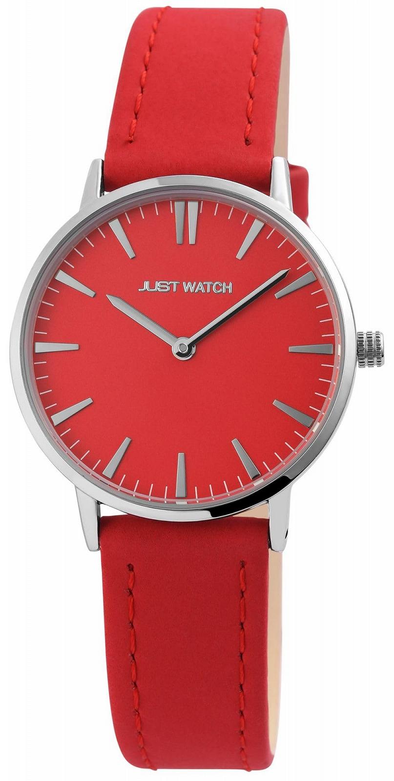 Женские наручные часы Just Watch, серебристый корпус 33 мм, красный кожаный ремешок, фото №1