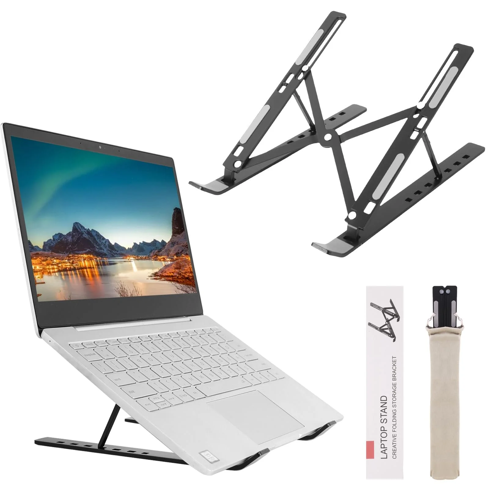 Подставка для ноутбука, складная подставка для ноутбука, регулируемая по высоте подставка для ноутбука из алюминиевого сплава, вентилируемая охлаждающая подставка для ноутбука, легкая, нескользящая, портативная для всех ноутбуков 10-16 дюймов (черный), фото №1