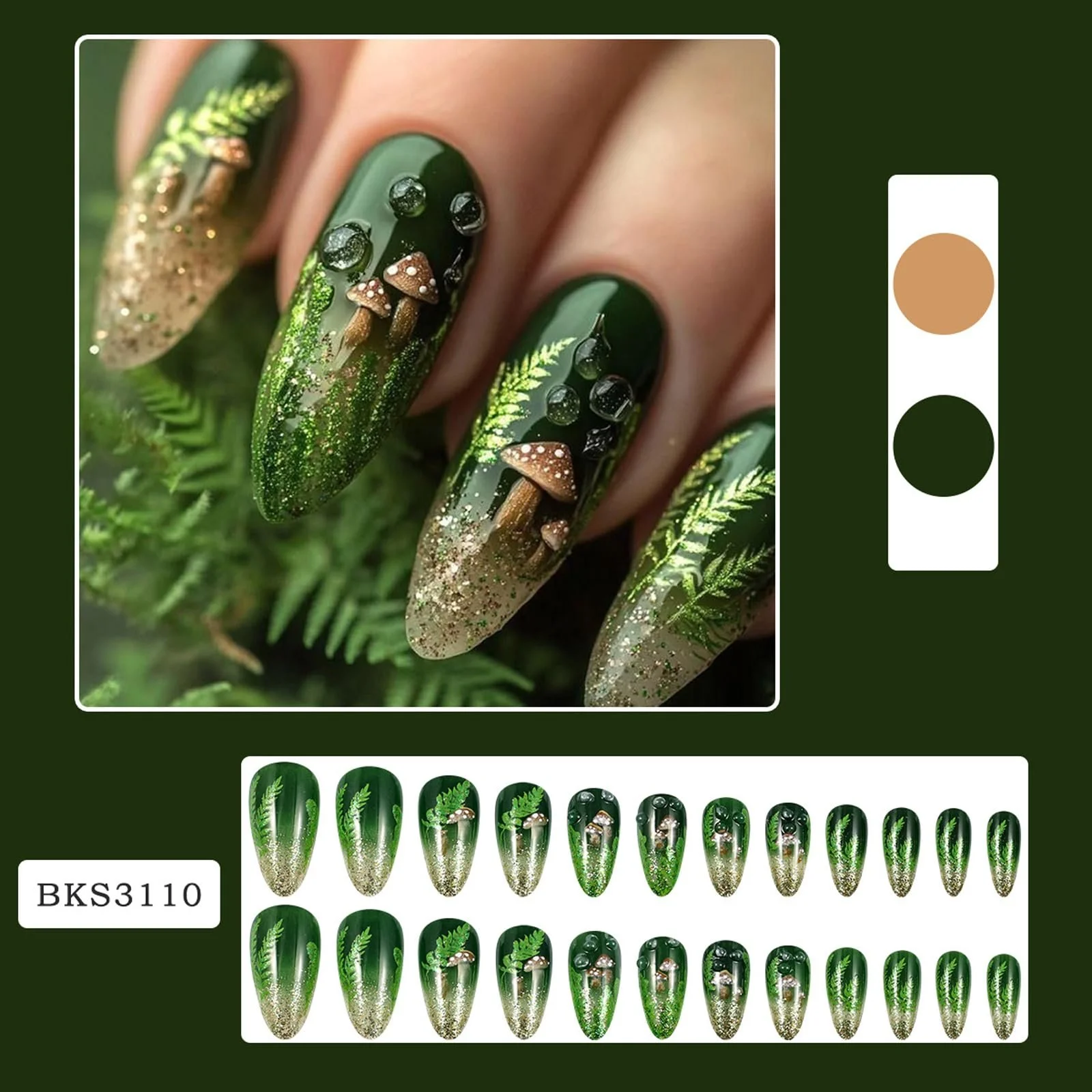 Накладные ногти FrostyFlair Press On Nails миндалевидные длинные зеленые с листьями 24 шт., фото №3 Накладные ногти FrostyFlair Press On Nails миндалевидные длинные зеленые с листьями 24 шт., фото №3