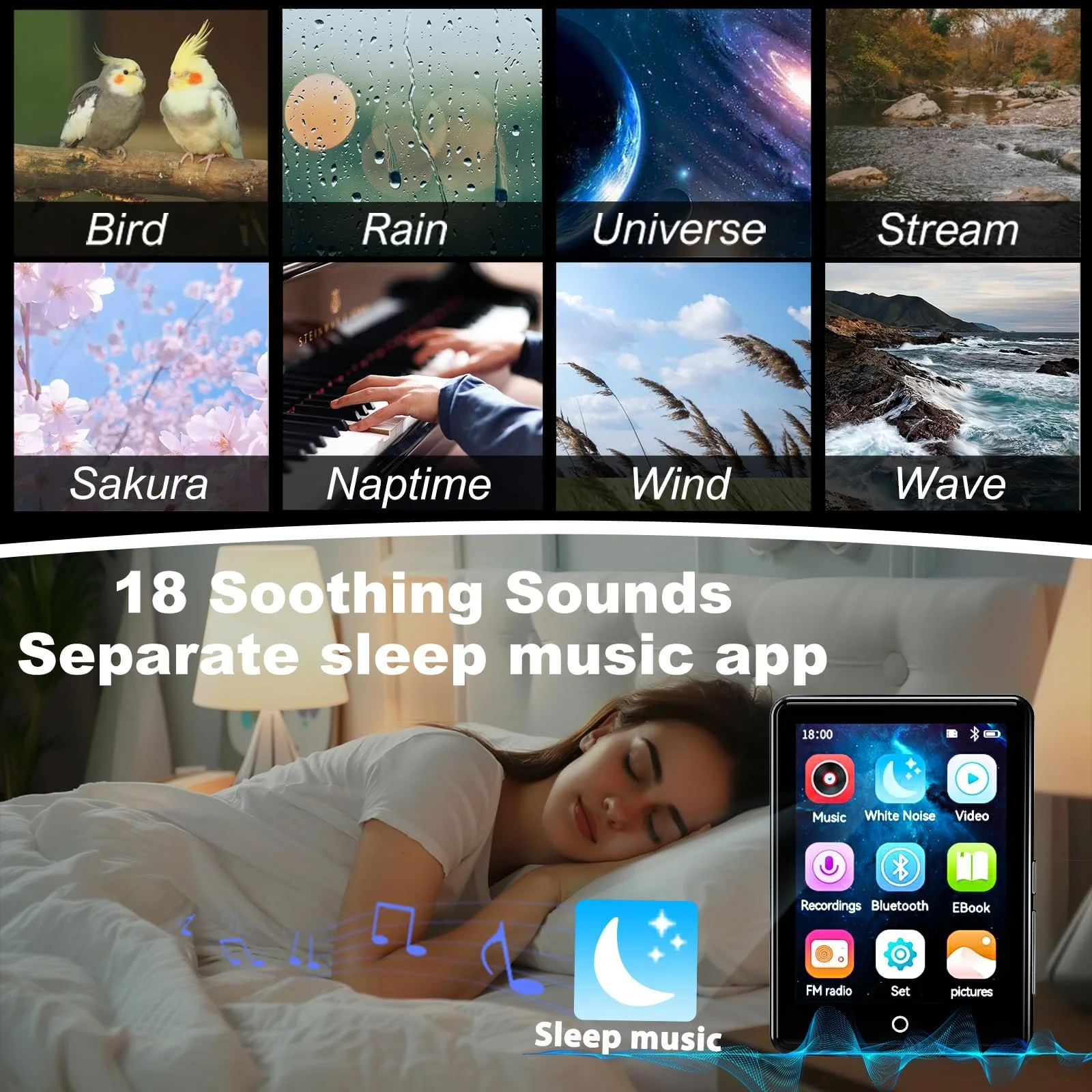 MP3 плеєр 64GB Bluetooth 5.3, 2.8-дюймовий сенсорний екран, портативний HiFi, з динаміком, 18 заспокійливих звуків, до 45 годин автономної роботи, FM-радіо, підтримка 128GB, фото №4