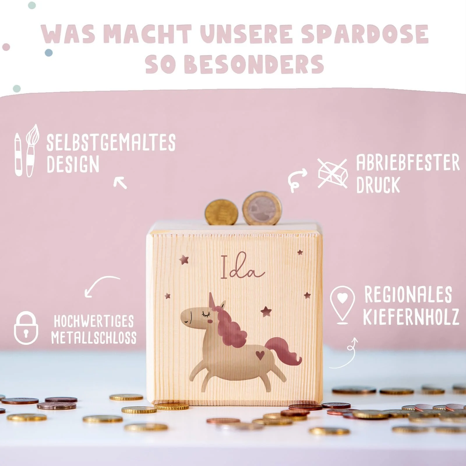 Скарбничка Hellomini Єдиноріг дерев'яна з замком персоналізована для дітей, фото №5