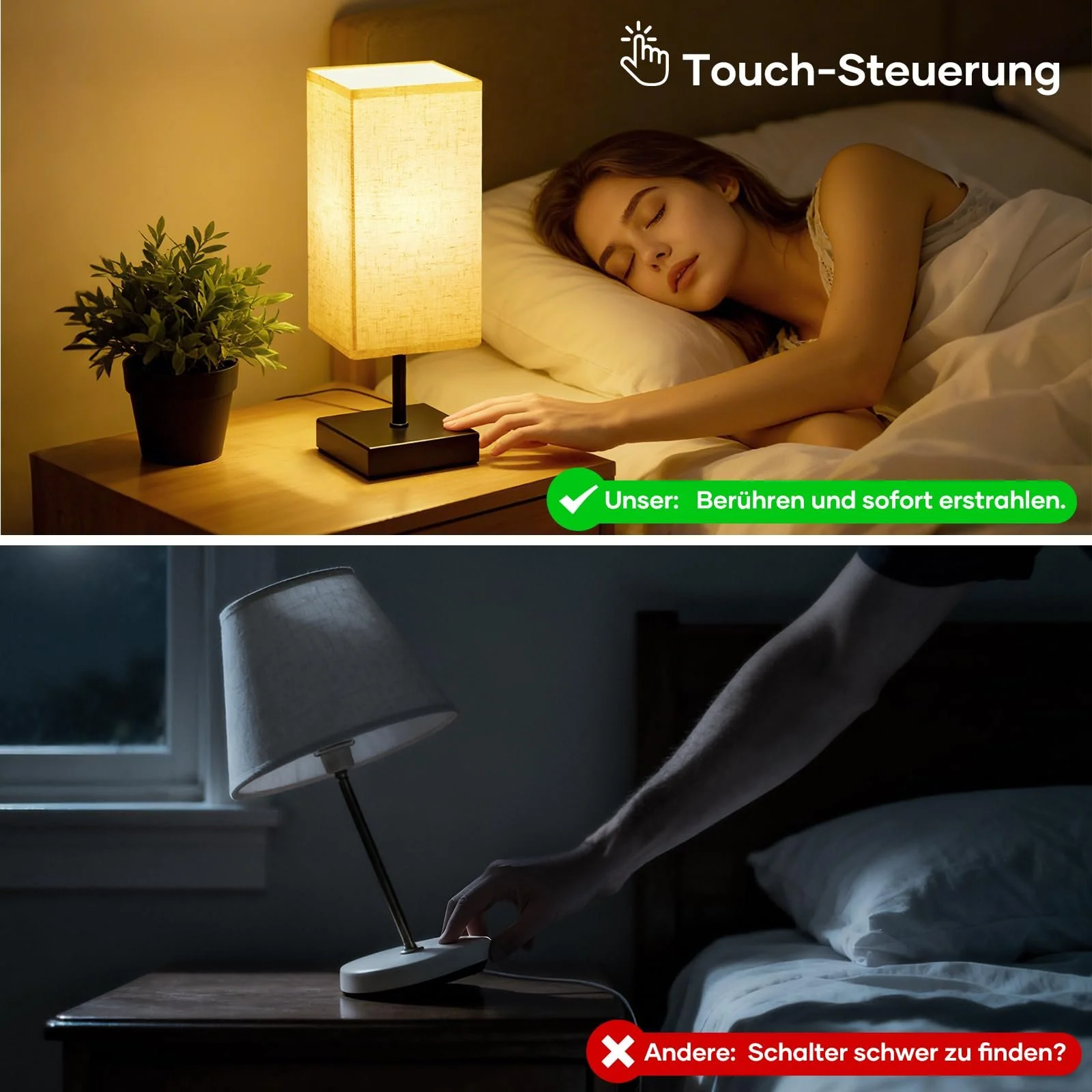 Настільна лампа Suright Bedside Lamp Сенсорна Плавний димер Пам'ять Лляний абажур LED E27 Чорна, фото №2