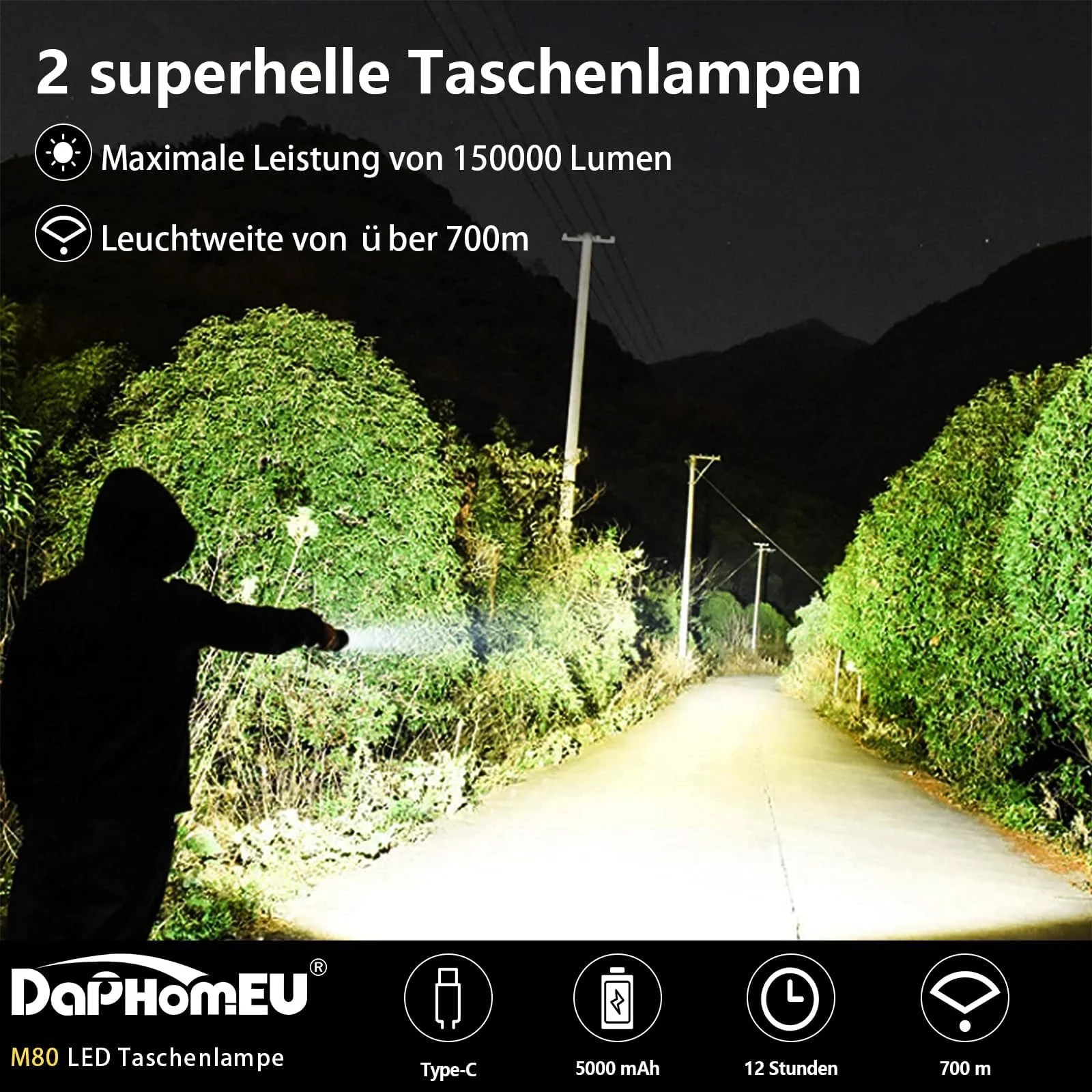 LED Ліхтар Акумуляторний 500 000 Люмен Надзвичайно Яскравий Тактичний Zoomable Водонепроникний, фото №3