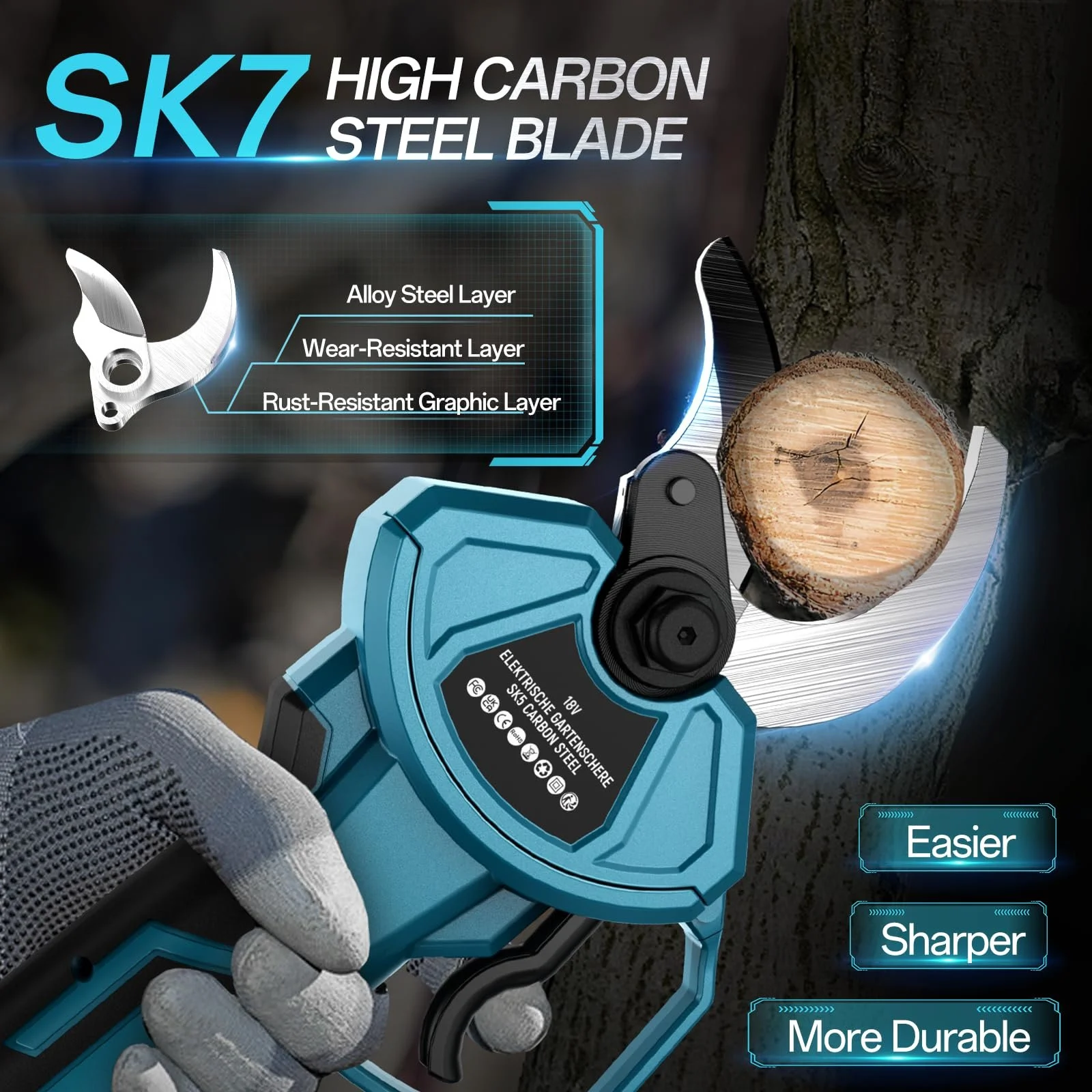 Секатор акумуляторний MIRTHBUY 18 V, 40 мм електричний, максимальне відкриття 65 мм, безщітковий двигун, РК-дисплей, для обрізки дерев (без акумулятора, без зарядного пристрою), фото №5