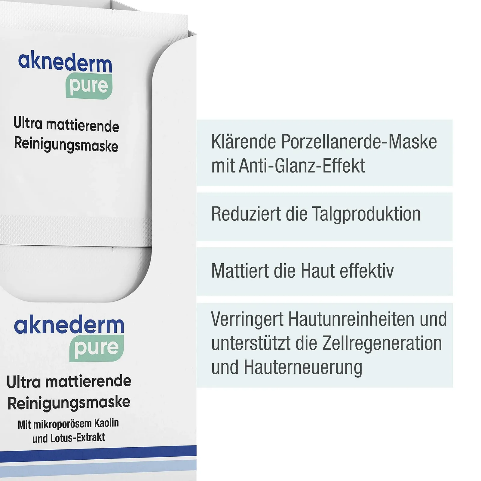 Маска для лица Aknederm Pure Очищающая 12 x 6 мл I С экстрактом лотоса I Матовая маска из фарфоровой глины удаляет кожный жир I Маска для лица против блеска для тщательной очистки, фото №2