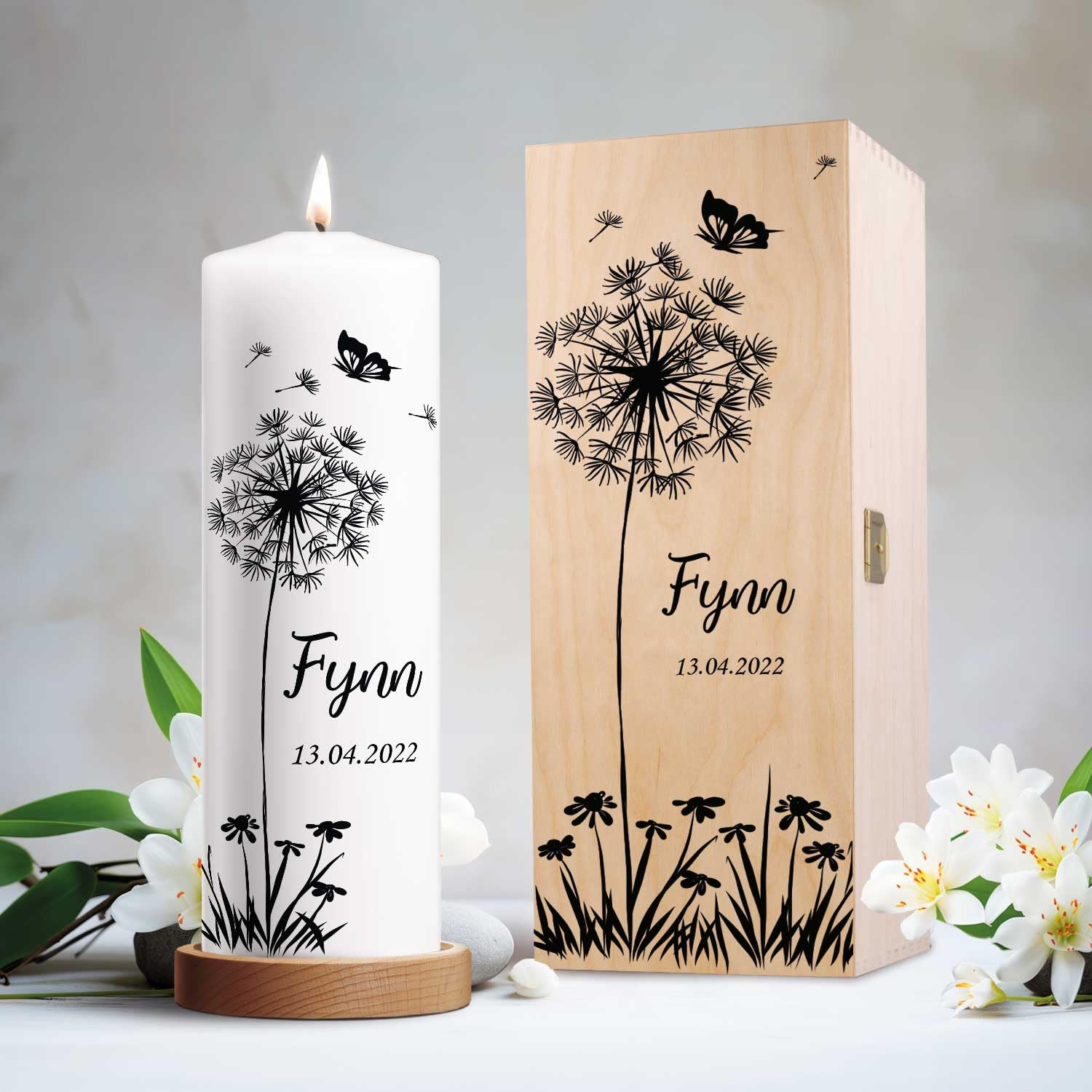 Свічка GRAVURZEILE Children's Funeral Candle Dandelion Butterfly Індивідуальна з ім'ям, датою та бажаним текстом, фото №2