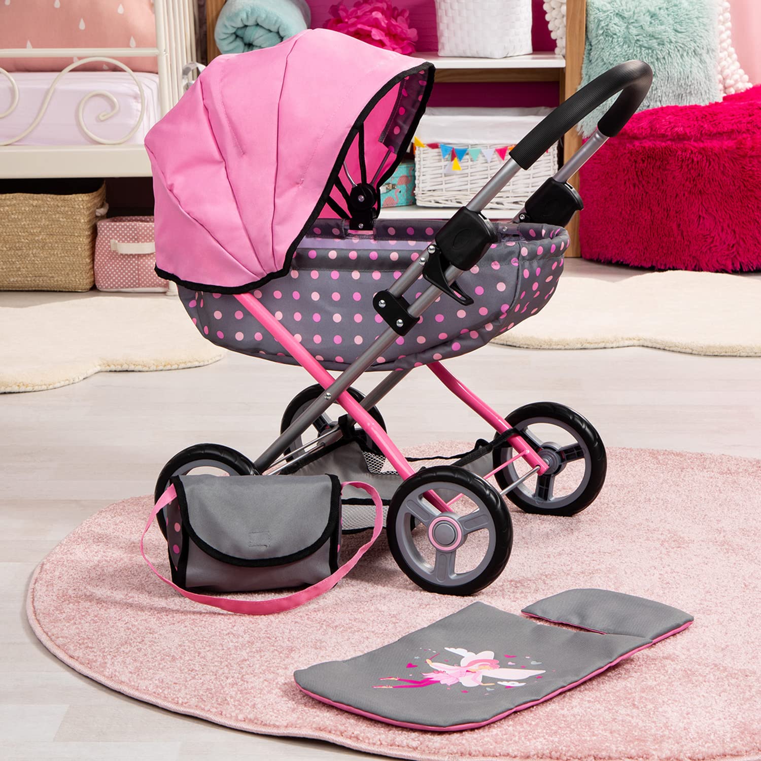 Коляска для кукол Bayer Design Cosy 12766AA Складная Полка Дот Современный Серый Полка Дот Розовый 46 см, фото №6