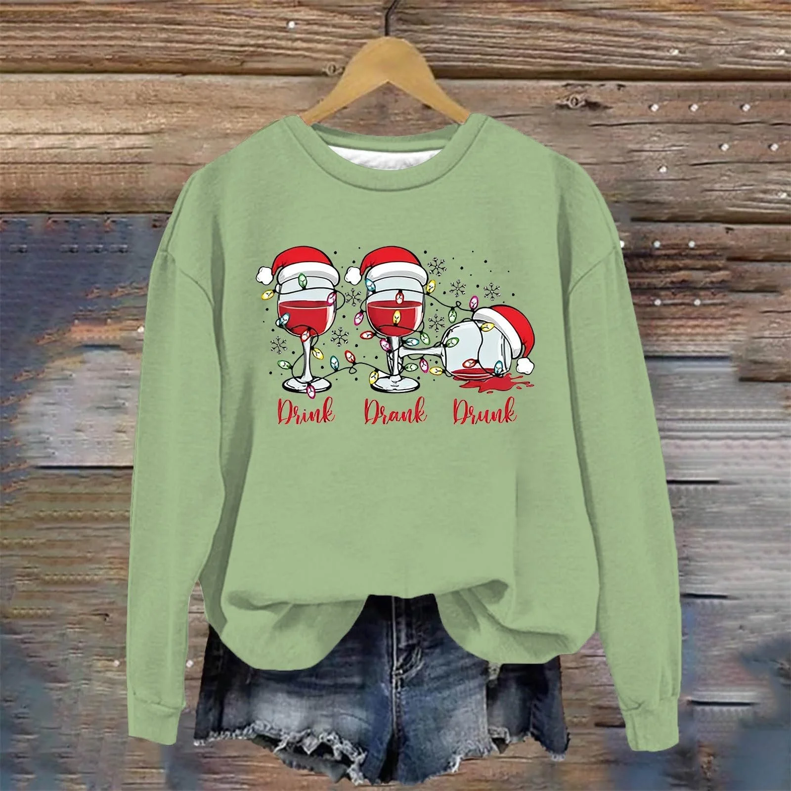 Свитшот Comfort Colours Рождественский напиток Drank Drunk Красное вино Бокал Без капюшона Уличный стиль Круглый вырез Повседневный Модный Комфортная стирка Свитшот с круглым вырезом Смешные Женские Свитшоты Блузка, фото №2