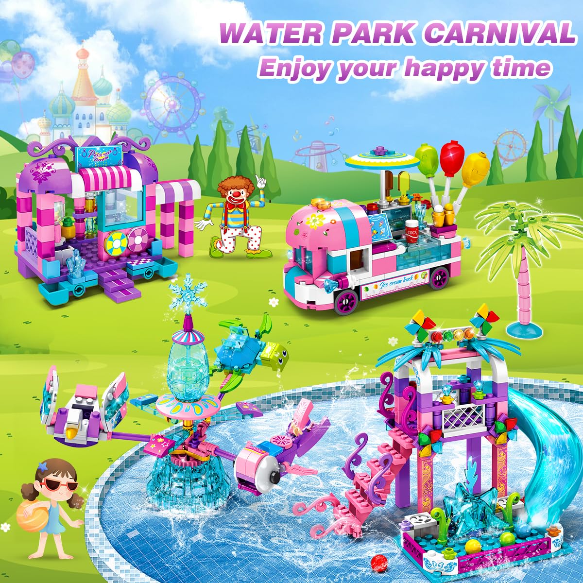 Набір HOGOKIDS Amusement Park Slide Kit 684 шт. Ice Cream Truck Friends 4-в-1 Принцеса Водний парк Іграшка для дівчаток 6 7 8 9 10 років, фото №2