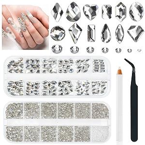 Стразы для ногтей Crystal White Glitter Stones, 12 типов крупных блестящих камней + 6 размеров круглых стеклянных страз K9, 2630 шт. - Фото 1