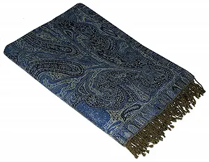 Покривало Lorenzo Cana з вовни мериноса, жакардове плетіння, візерунок пейслі, синій, чорний, золотисто-жовтий, 140 см x 200 см synthetic.ua - Фото 1