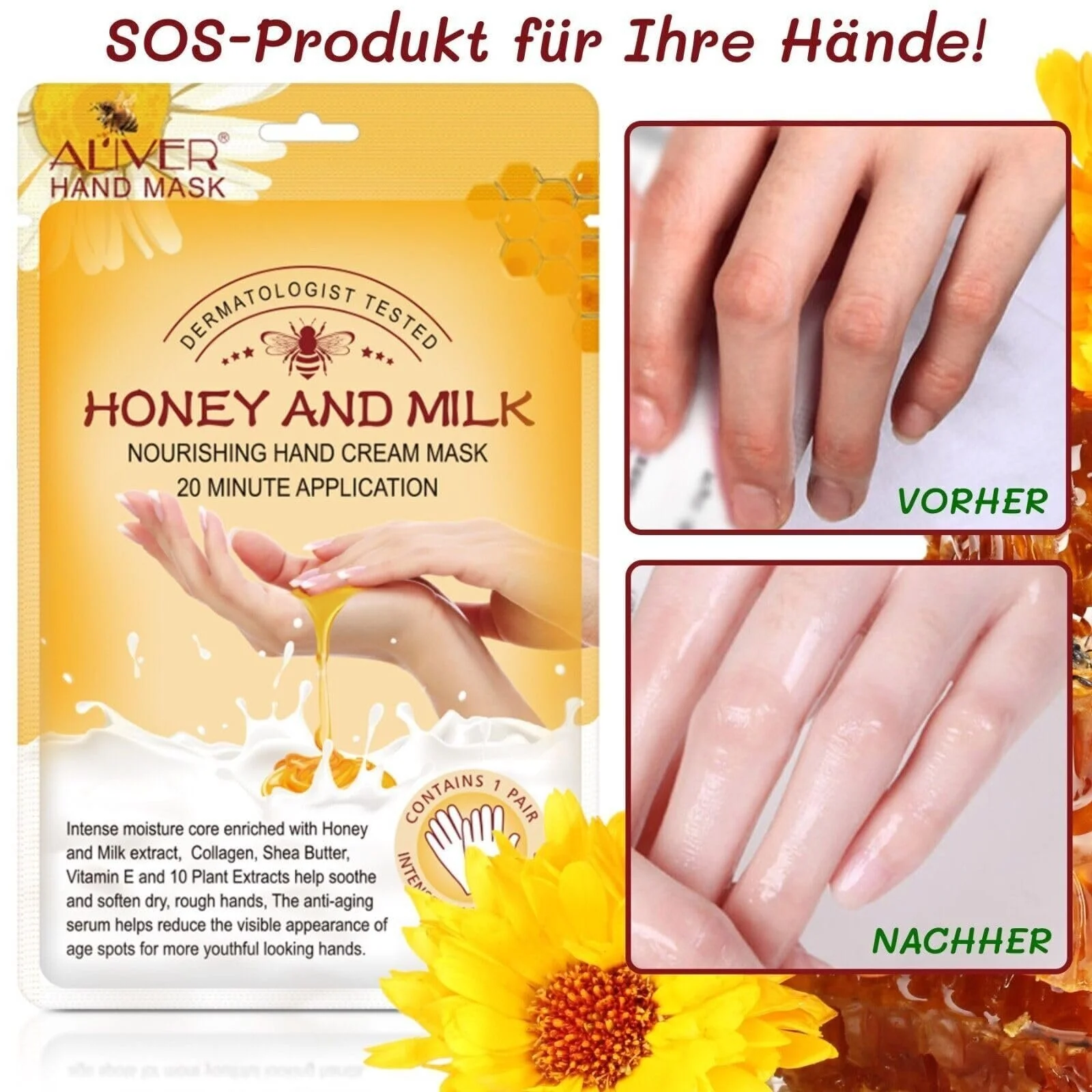 Маска для рук P-Beauty 5 пар с экстрактом меда и молока | Отшелушивающая маска | Крем и уход за руками | Антивозрастной эффект | Увлажняющие перчатки с витаминами, минералами и коллагеном | Для сухой, потрескавшейся кожи рук, фото №3