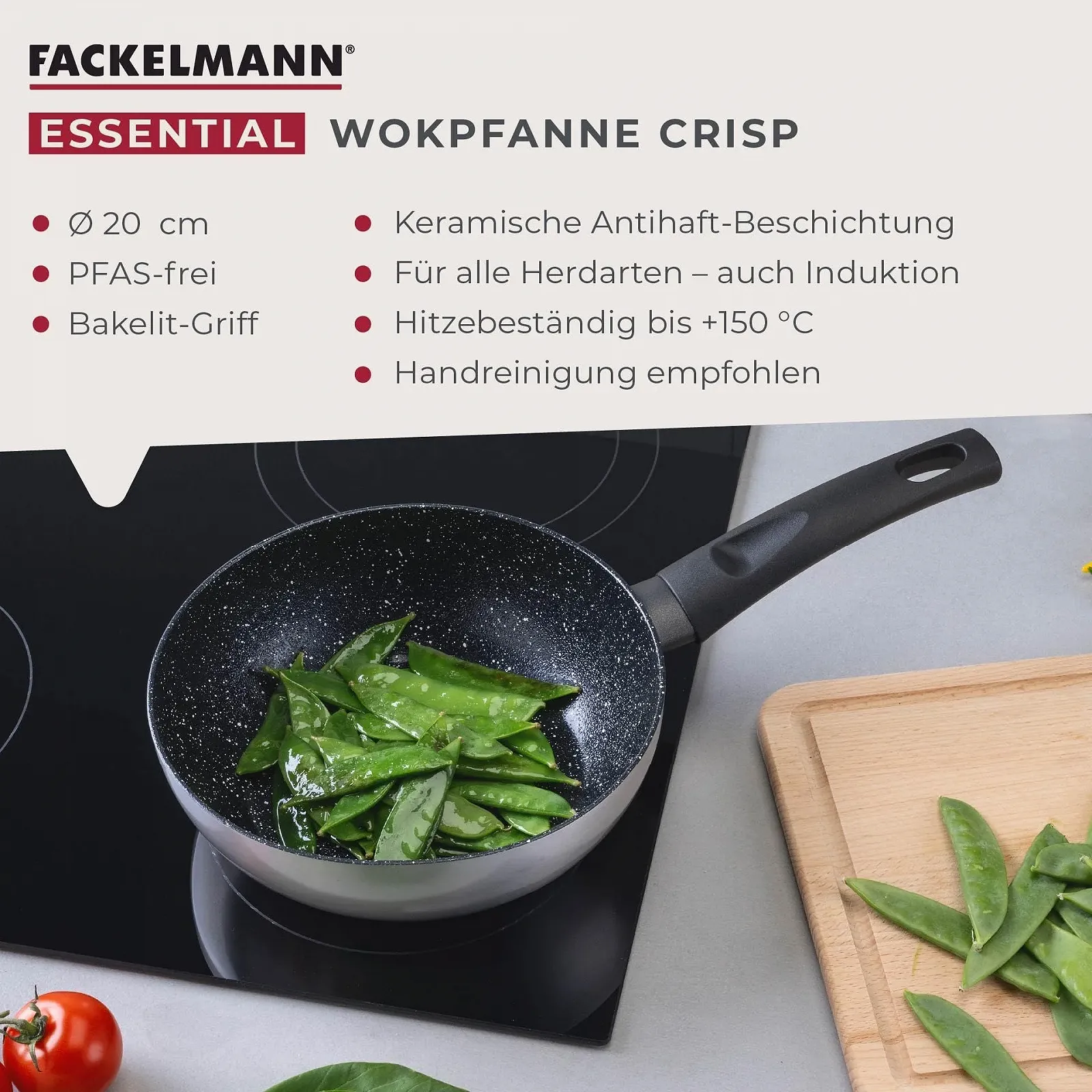 Сковорідка-Wok FACKELMANN Essential Crisp 20 см, перероблений алюміній, керамічне антипригарне покриття, фото №3 Сковорідка-Wok FACKELMANN Essential Crisp 20 см, перероблений алюміній, керамічне антипригарне покриття, фото №3