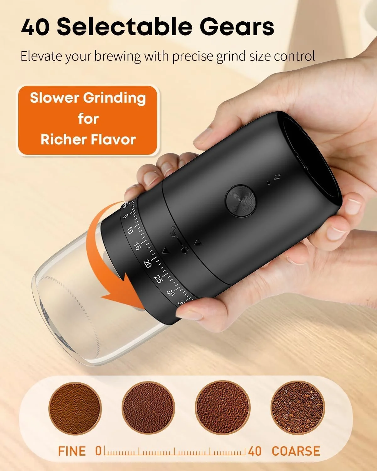 Кофемолка Pawfly Коническая керамическая 40 ступеней с автоматической остановкой и щеткой для чистки Электрическая Профессиональная для путешествий Кемпинга, фото №4