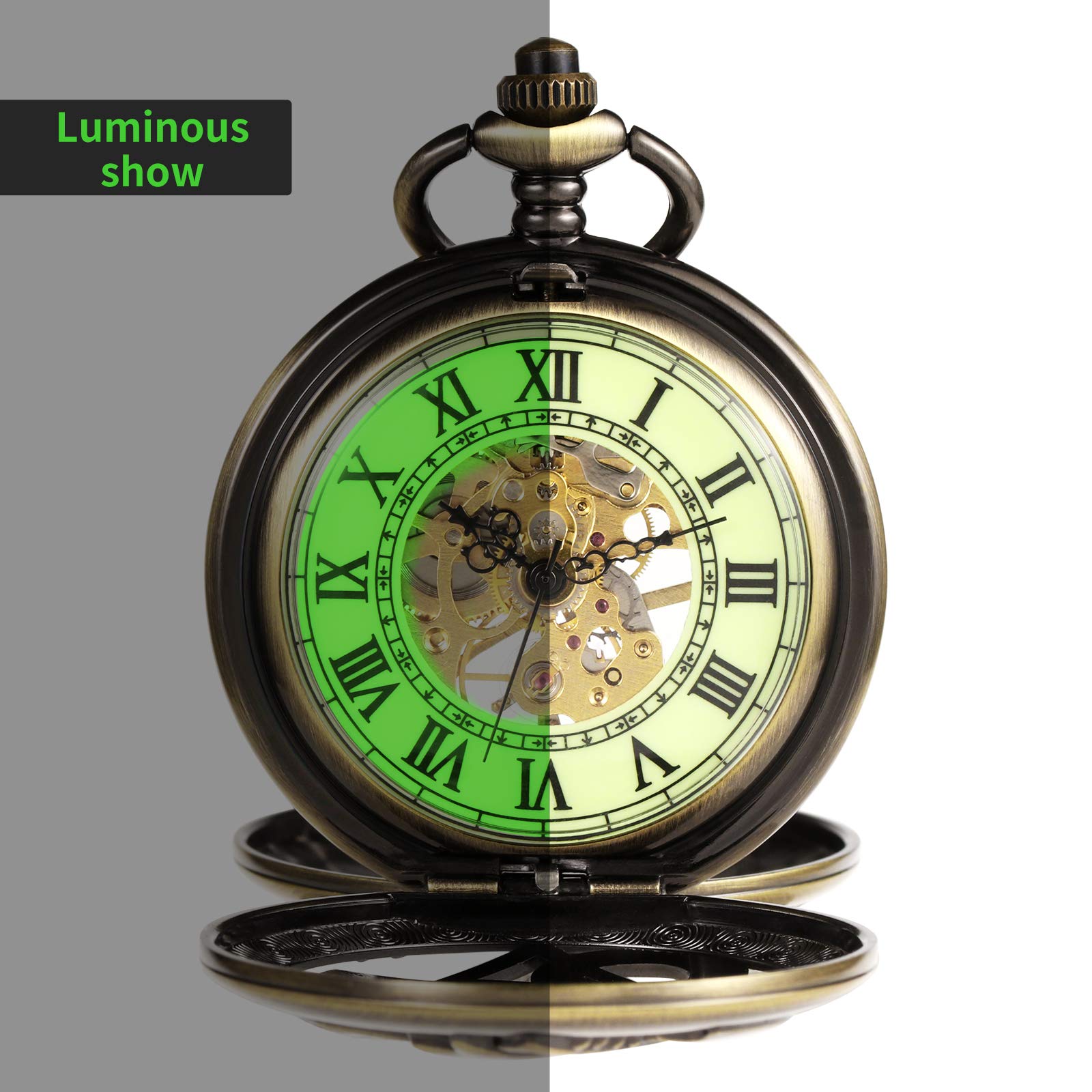 Кишеньковий годинник TREEWETO Unisex Mechanical Double Cover Full Metal Alchemist Luminous Skeleton Steampunk з ланцюжком Бронзовий, фото №3
