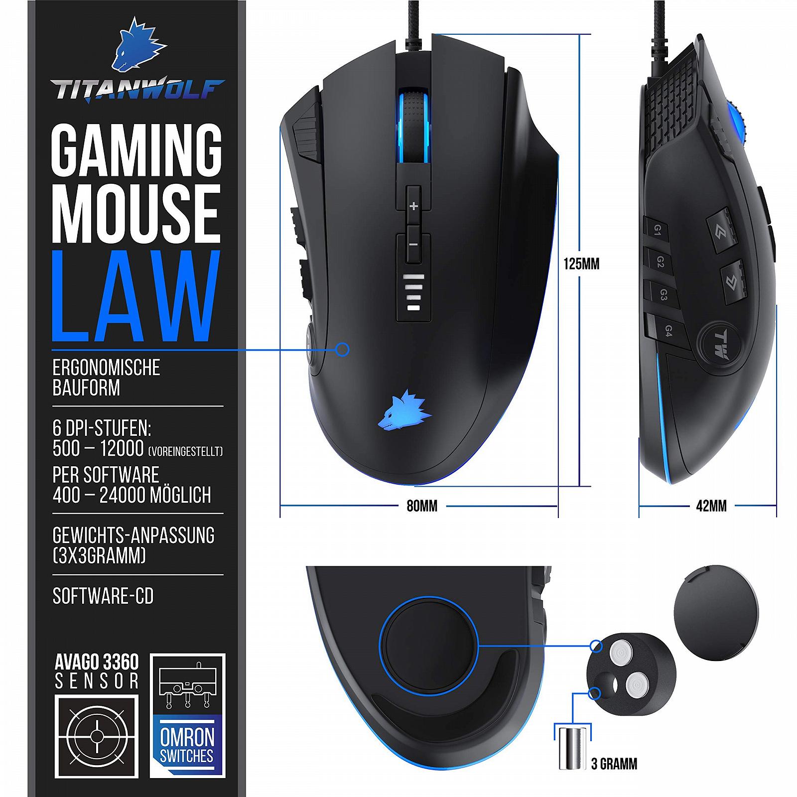 Мышь игровая Titanwolf LAW, 24000 DPI, сенсор Avago 3360, 12 кнопок, RGB, регулировка веса, фото №2