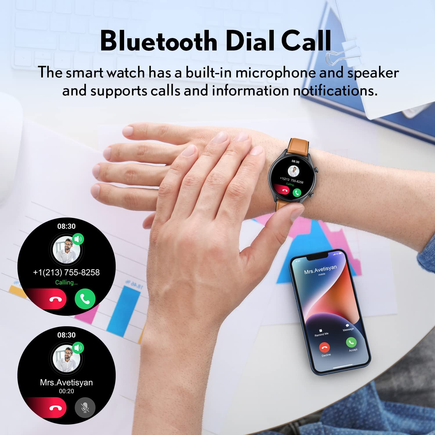 Смарт-часы Motsfit мужские с функцией телефона, фитнес-часы с шагомером, большой дисплей 1,32 дюйма, водонепроницаемый фитнес-трекер, спортивные часы для iOS Android, фото №3