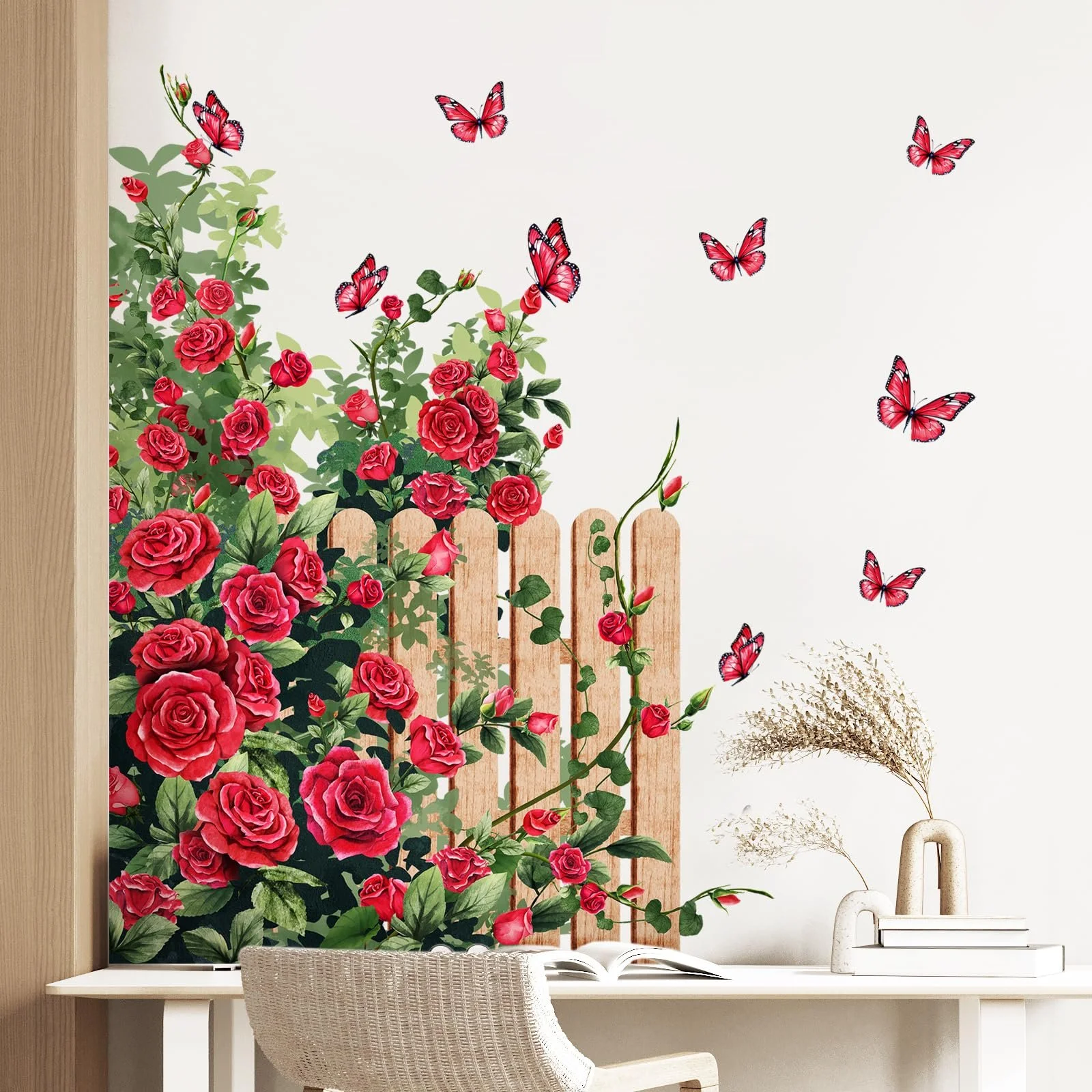 Наклейка на стіну Supzone Червона троянда Плетиста троянда біля огорожі Червона, фото №2