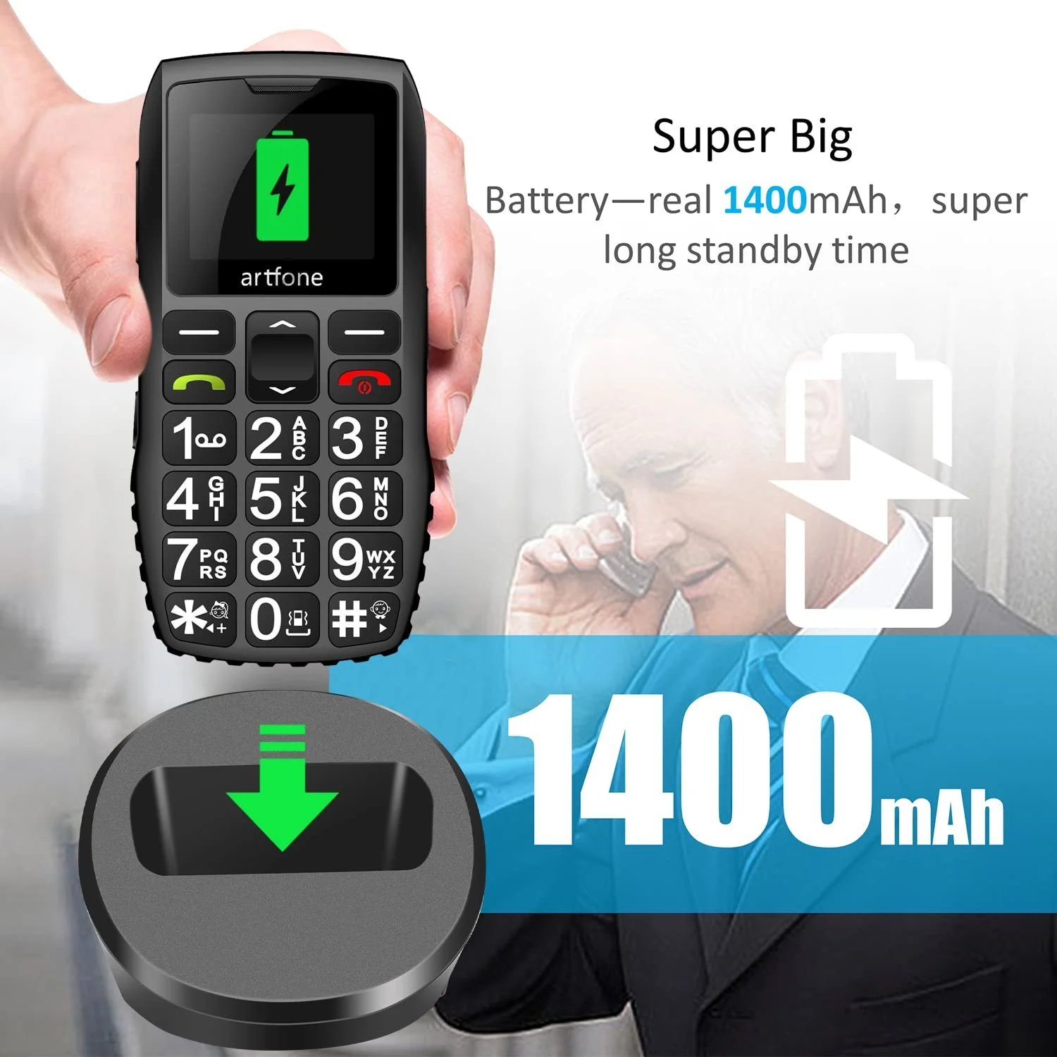 Телефон artfone C1+ для пожилых людей, Dual SIM, кнопка экстренного вызова, крупные кнопки, аккумулятор 1400 mAh, большое время ожидания, 1.77-дюймовый цветной дисплей, фото №3