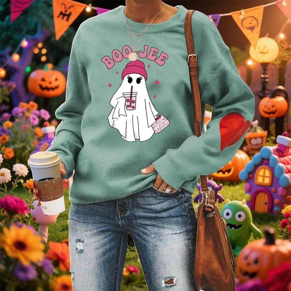 Женский свитшот MLZHAN Boo-Jee Хэллоуин, смешной, розовые привидения, с длинными рукавами, красное сердце, фото №2