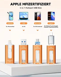 USB-флеш-накопичувач SUDEHO 4 в 1 256ГБ MFi Lightning USB 3.0 Micro USB USB-C Помаранчевий synthetic.ua - Фото 1