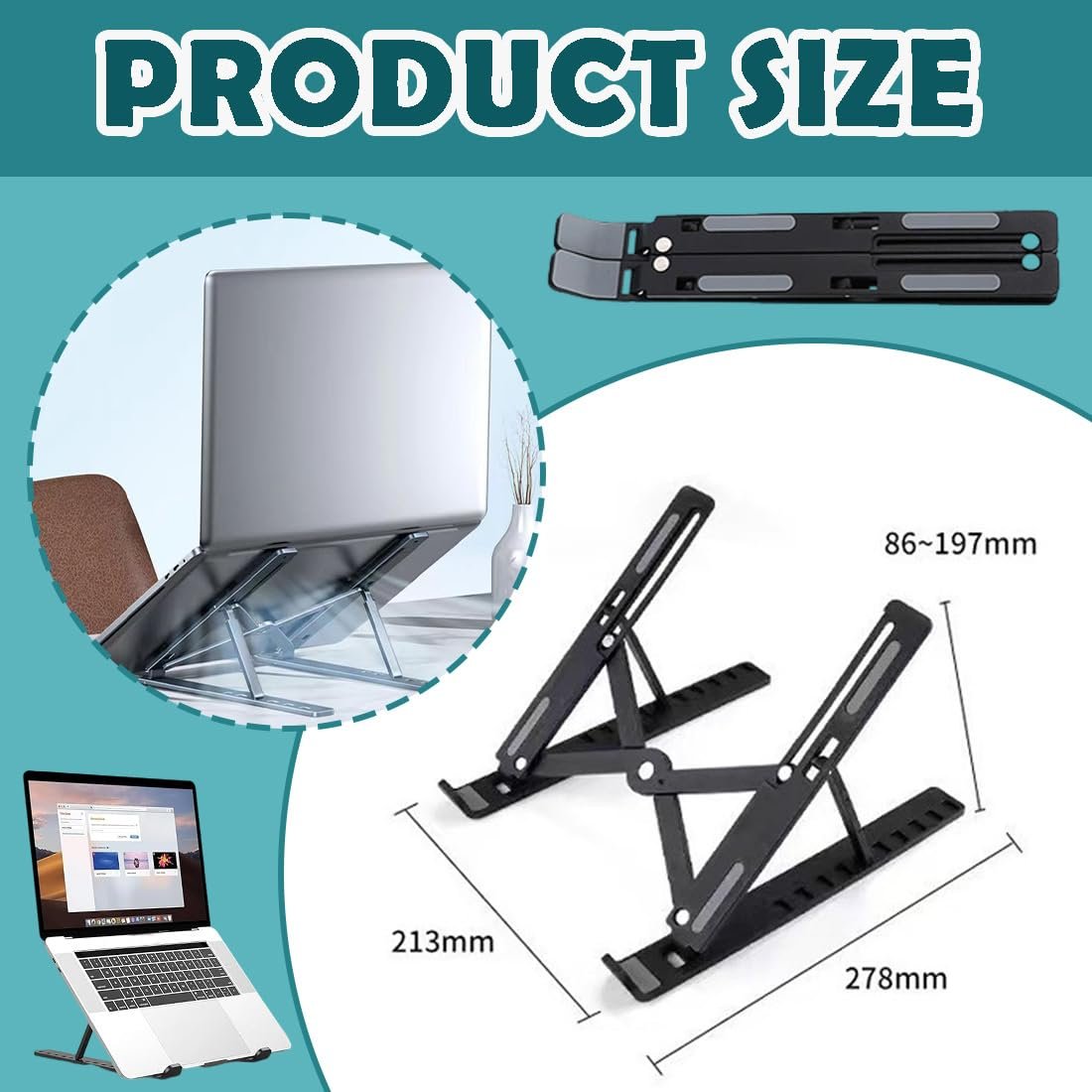 Підставка для ноутбука з 8 регульованими рівнями, нековзна з пластику та силікону, сумісна з Air Pro, HP, 10 - 15.6 дюймів, фото №3